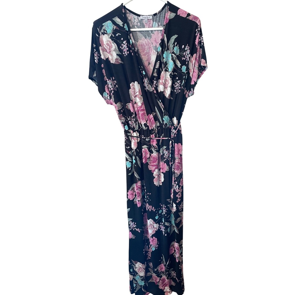 White Birch Floral Maxi Dress Womens 1X Black Pink Teal Wrap V-Neck Short Sleeve